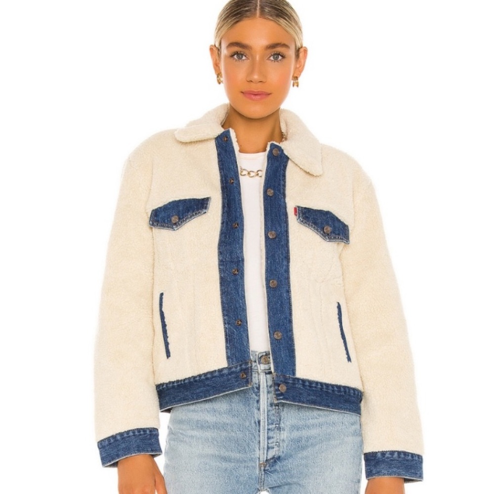 Levi's Premium Ex-Boyfriend Pieced Cream Sherpa & Denim Trucker Jean Jacket